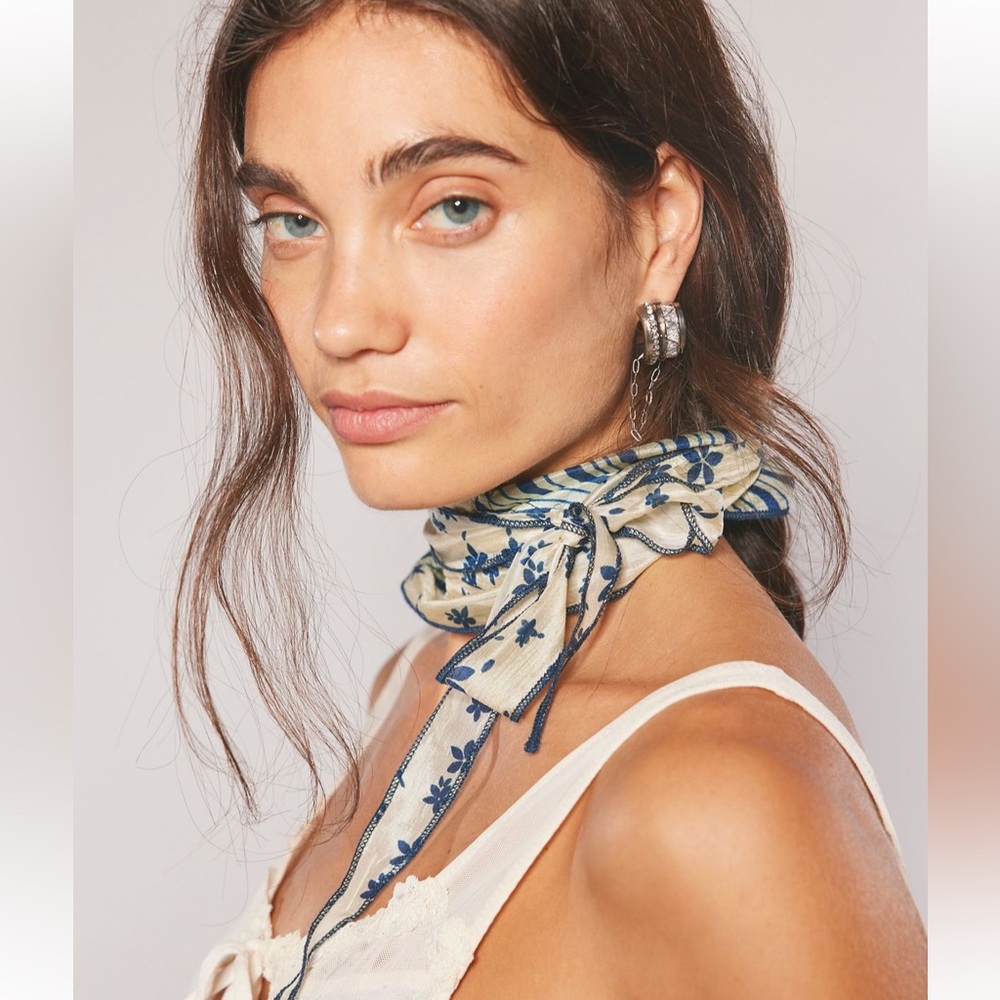 Free People Blue and Cream Floral Scarf